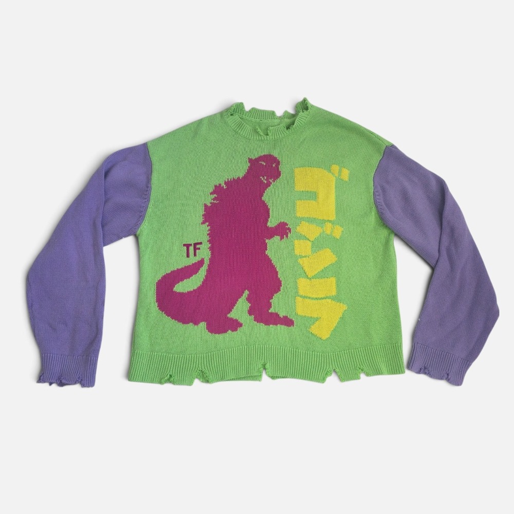 Teddy Fresh RARE Green Godzilla Colorblock Sweater Distressed Streetwear